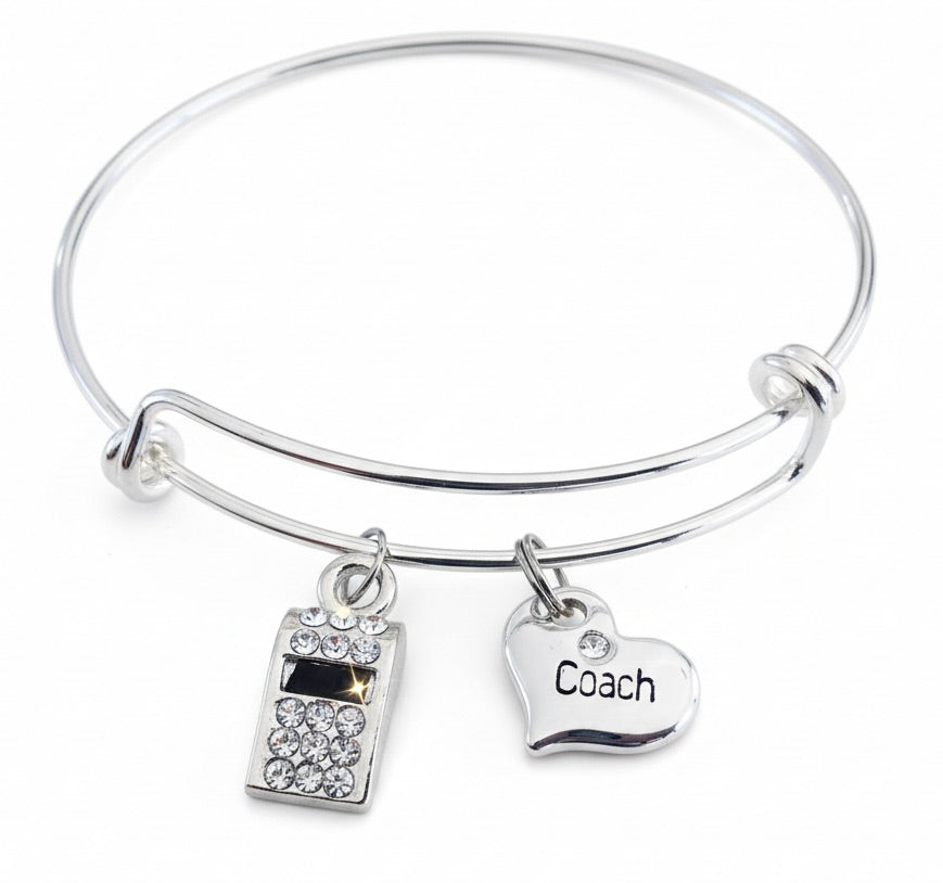 Coach Charm Bracelet - Silver Expandable Bangle with Heart & Whistle Charms