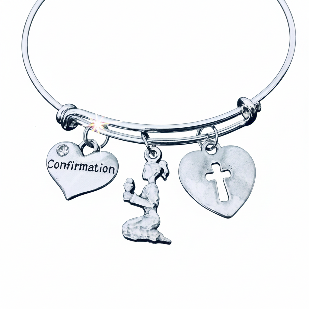 Confirmation Bracelet Silver Praying Girl Charm Expandable Bangle Religious Jewelry Gift