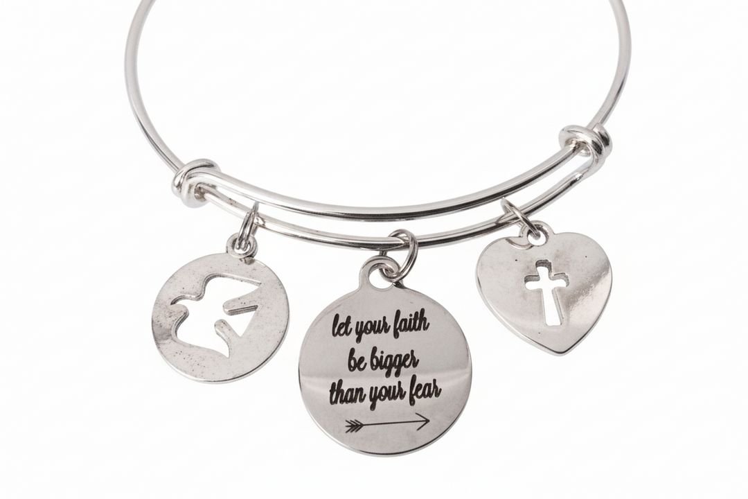 Let Your Faith Be Bigger Than Your Fear Bracelet, Religious Inspirational Jewelry, Adjustable Silver Cross Believe Charm Bangle