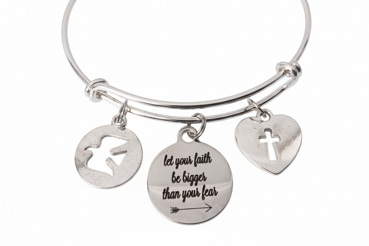 Let Your Faith Be Bigger Than Your Fear Bracelet, Religious Inspirational Jewelry, Adjustable Silver Cross Believe Charm Bangle