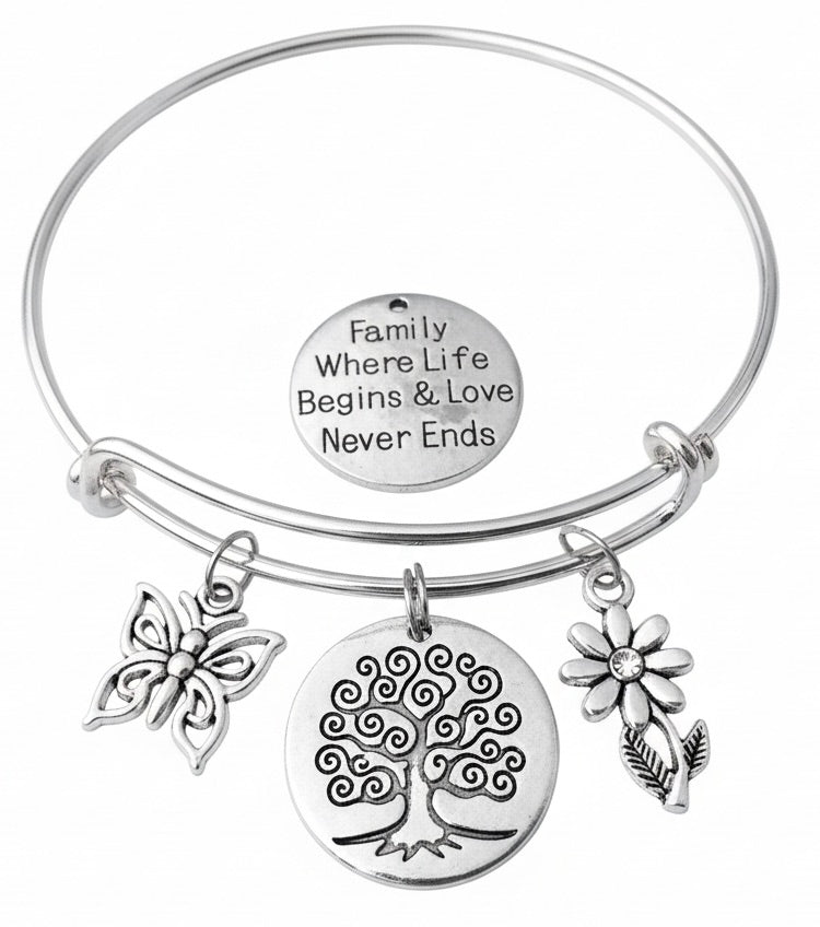 Family Tree of Life Bracelet Silver Expandable Charm Bangle Butterfly Flower Mom Grandmother Gift