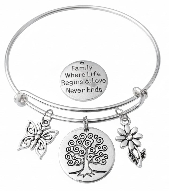Family Tree of Life Bracelet Silver Expandable Charm Bangle Butterfly Flower Mom Grandmother Gift