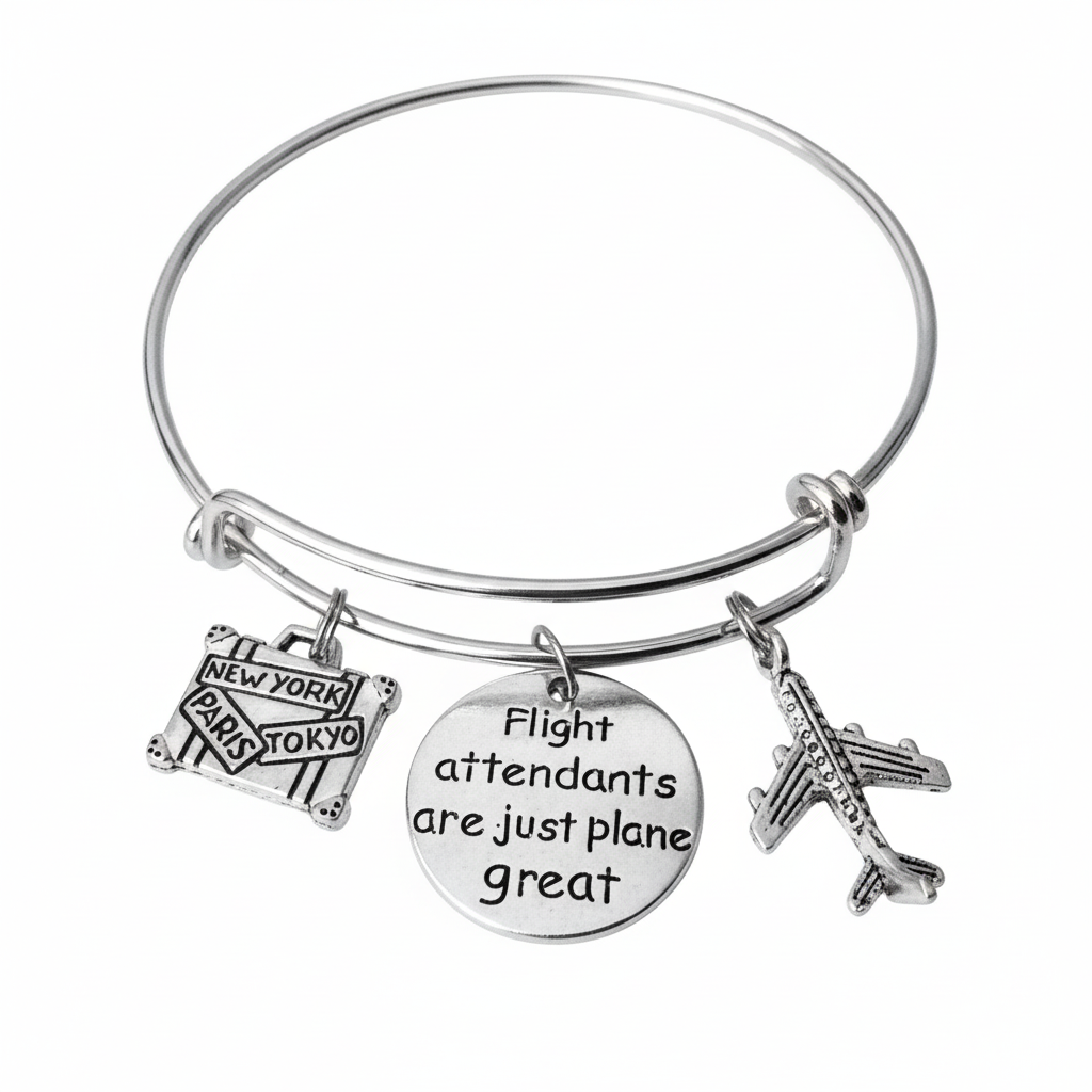 Flight Attendant Charm Bracelet Silver Expandable Bangle with Airplane Suitcase Charms - Stewardess Gift Jewelry