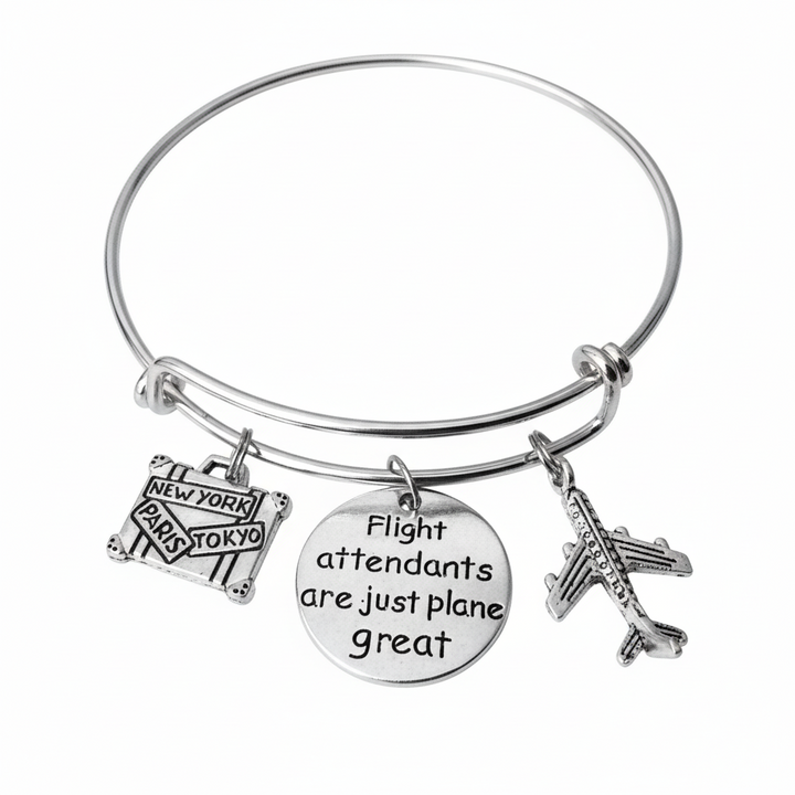 Flight Attendant Charm Bracelet Silver Expandable Bangle with Airplane Suitcase Charms - Stewardess Gift Jewelry