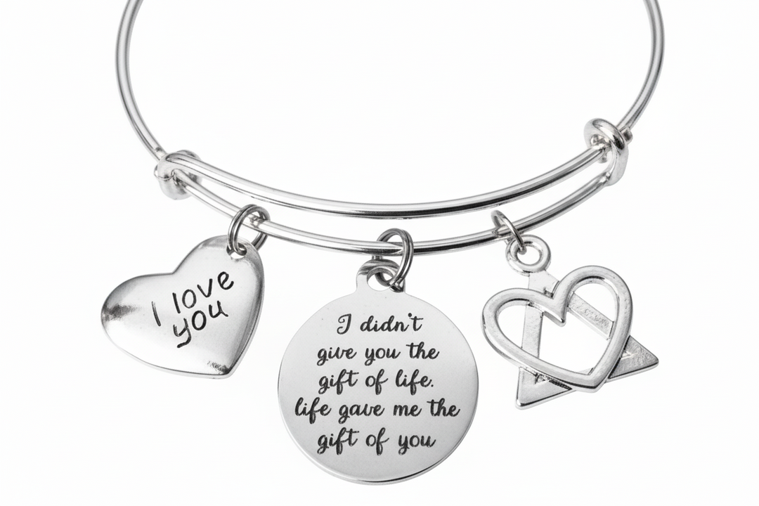 Adoption Bracelet Gift of Life, I Love You Charm Bangle, Adoptive Mom Daughter Jewelry, Adjustable Silver Bracelet