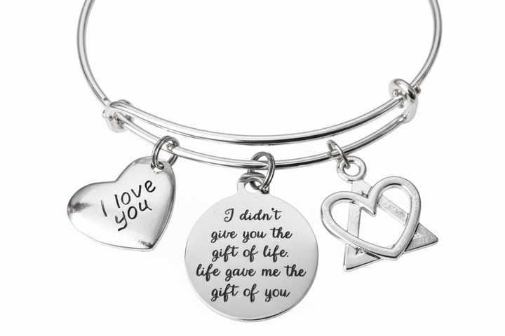 Adoption Bracelet Gift of Life, I Love You Charm Bangle, Adoptive Mom Daughter Jewelry, Adjustable Silver Bracelet