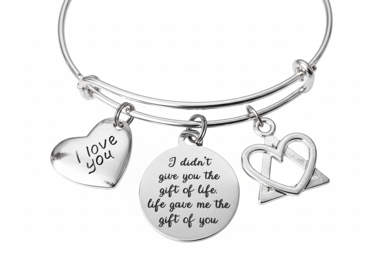 Adoption Bracelet Gift of Life, I Love You Charm Bangle, Adoptive Mom Daughter Jewelry, Adjustable Silver Bracelet