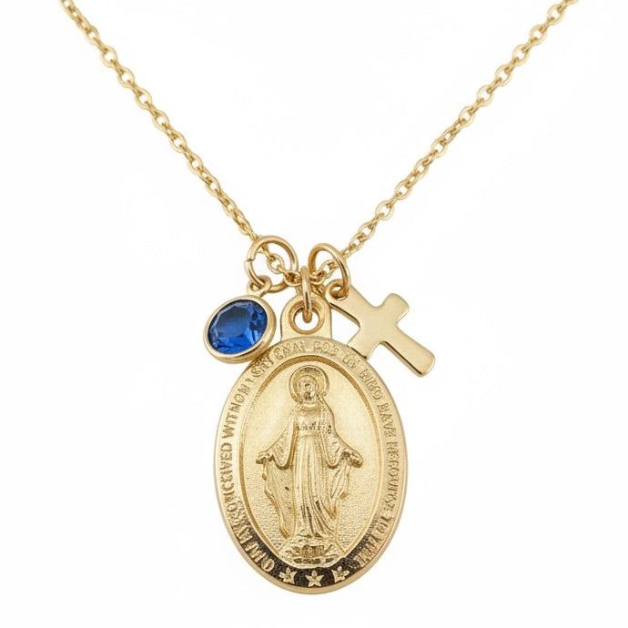 Gold Miraculous Mary Necklace – Catholic Medal with Cross & Birthstone – Personalized Virgin Mary Pendant Gift