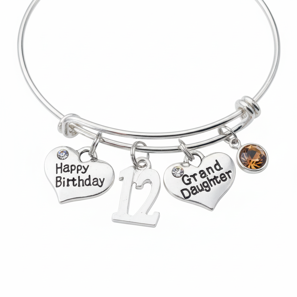 Granddaughter 12th Birthday Bracelet, Silver Expandable Charm Bangle, Happy Birthday Gift, Adjustable Jewelry, Granddaughter Gift from Grandma Grandpa