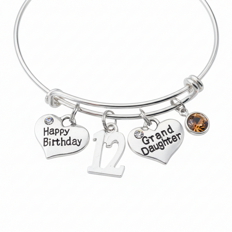 Granddaughter 12th Birthday Bracelet, Silver Expandable Charm Bangle, Happy Birthday Gift, Adjustable Jewelry, Granddaughter Gift from Grandma Grandpa
