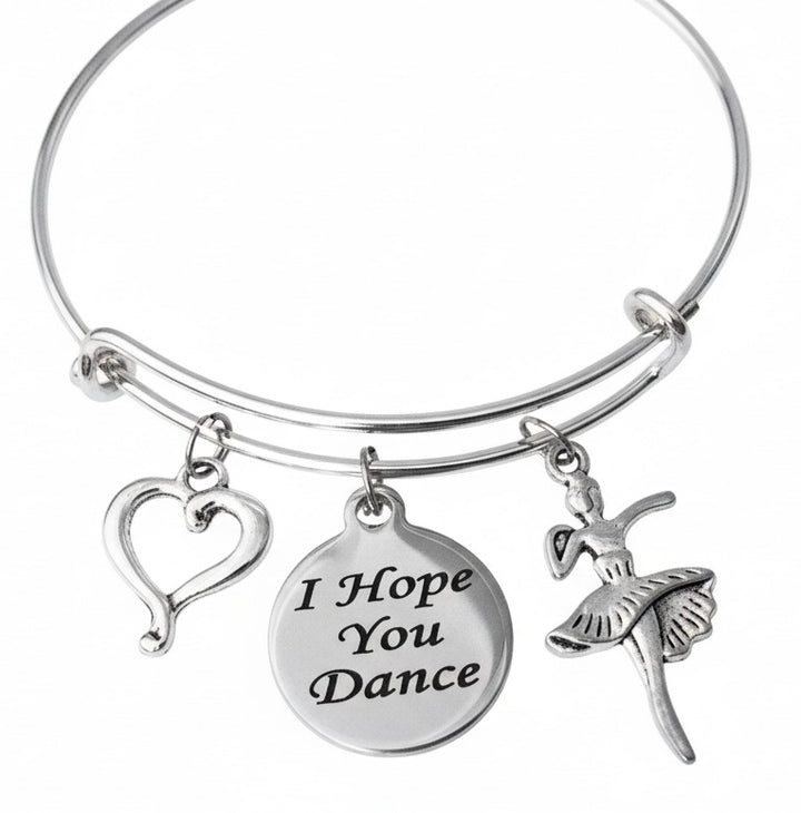 I Hope You Dance Bracelet, Ballerina Charm Bangle, Adjustable Silver Dancer Jewelry, Ballet Teacher Gift