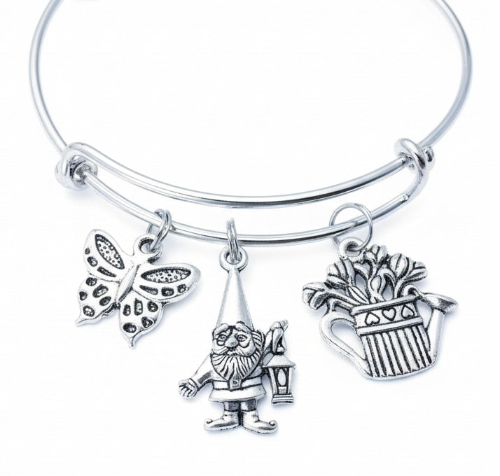 Garden Gnome Charm Bracelet | Butterfly, Gnome &amp; Watering Can Silver Bangle Gift