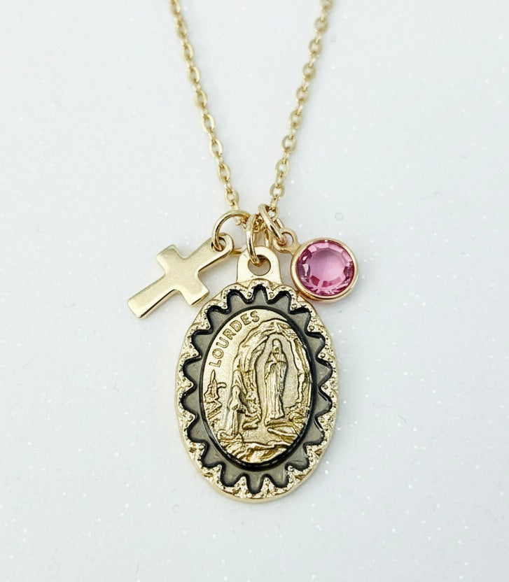 Our Lady of Lourdes Necklace with Birthstone and Cross, Gold Catholic Medal Necklace, Personalized Religious Gift for Women