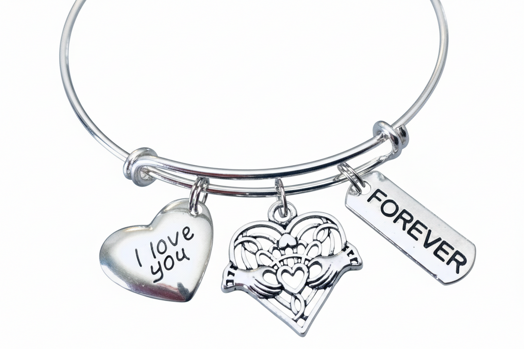 I Love You Forever Bracelet - Celtic Claddagh Charm Bangle | Adjustable Silver