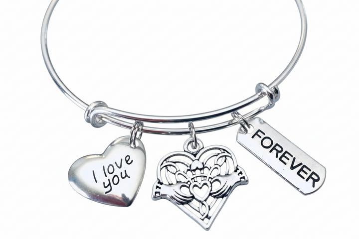I Love You Forever Bracelet - Celtic Claddagh Charm Bangle | Adjustable Silver