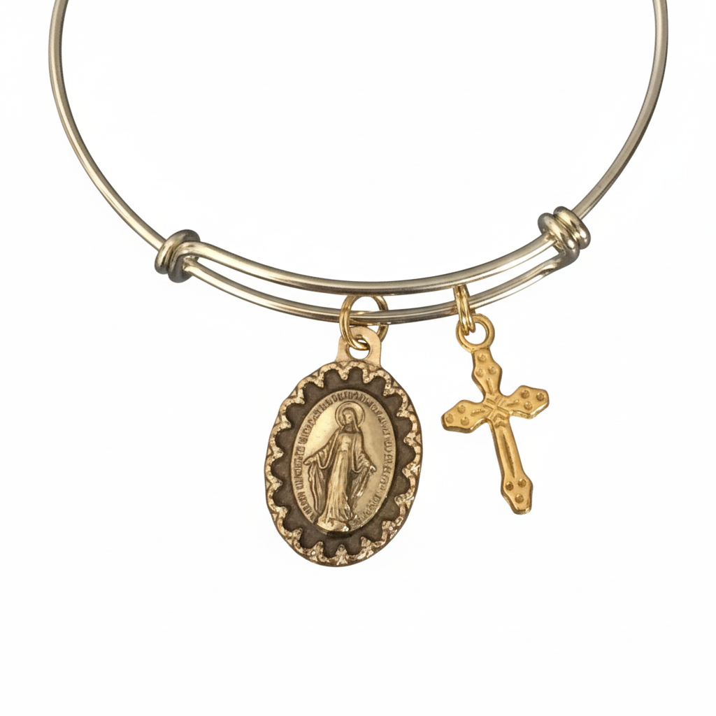 Miraculous Medal Virgin Mary Gold Expandable Charm Bracelet - Adjustable Catholic Bangle with Cross