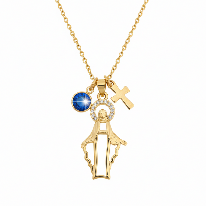 Gold Miraculous Medal Necklace with Birthstone - 1 Inch Virgin Mary Pendant on Stainless Steel Chain