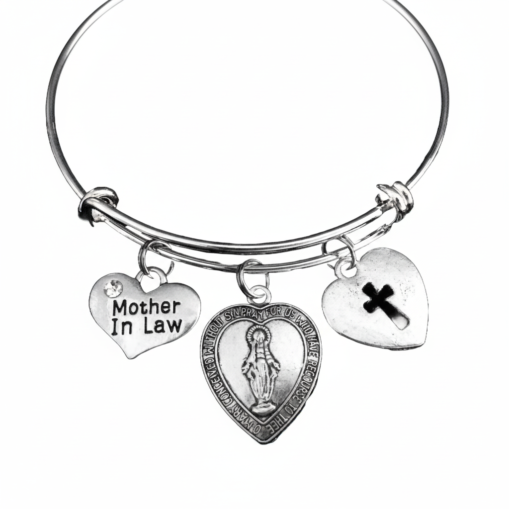 Mother in Law Gift Miraculous Medal Charm Bracelet - Adjustable Silver Bangle with Virgin Mary Cross Charms