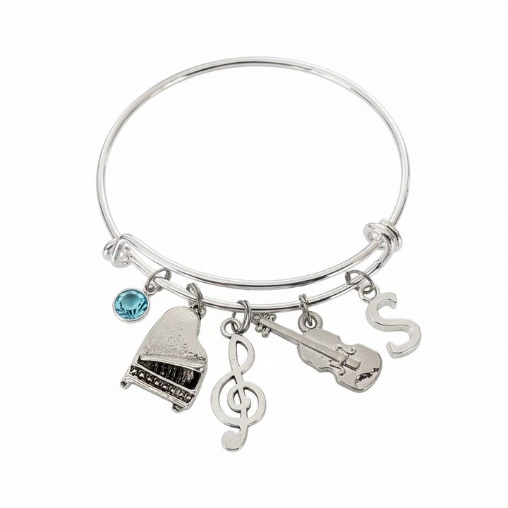 Personalized Music Charm Bracelet - Custom Birthstone &amp; Initial - Piano Violin Treble Clef Bangle Gift