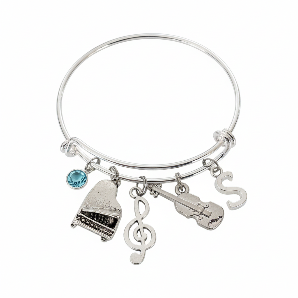 Personalized Music Charm Bracelet - Custom Birthstone & Initial - Piano Violin Treble Clef Bangle Gift