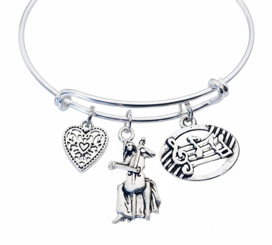 Cello Player Bracelet with Music Notes Charms, Adjustable Silver Bangle Gift for Cellist