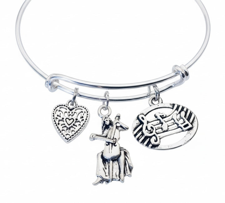 Cello Player Bracelet with Music Notes Charms, Adjustable Silver Bangle Gift for Cellist