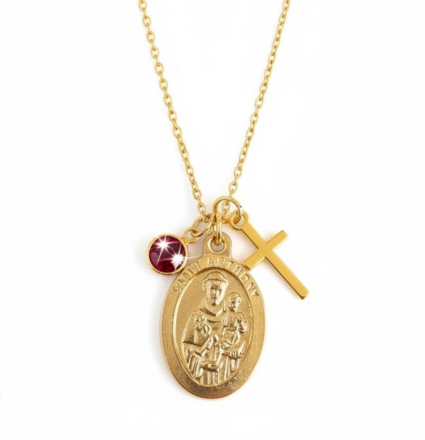 Gold Saint Anthony Necklace with Birthstone - 1 Inch St Anthony Pendant on Stainless Steel Chain