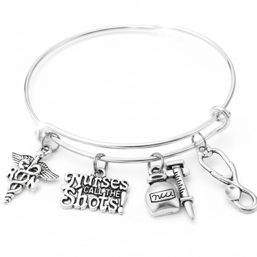 Nurse Bracelet Gift for RN, Registered Nurse Charm Bangle, Silver Expandable Medical Jewelry, Nurses Call the Shots