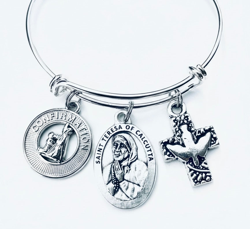 Confirmation Saint Teresa Expandable Charm Bracelet Silver Adjustable bangle Medal Catholic Gift Dove