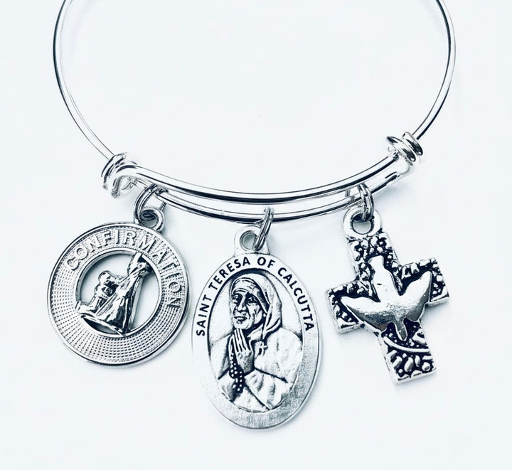 Confirmation Saint Teresa Expandable Charm Bracelet Silver Adjustable bangle Medal Catholic Gift Dove