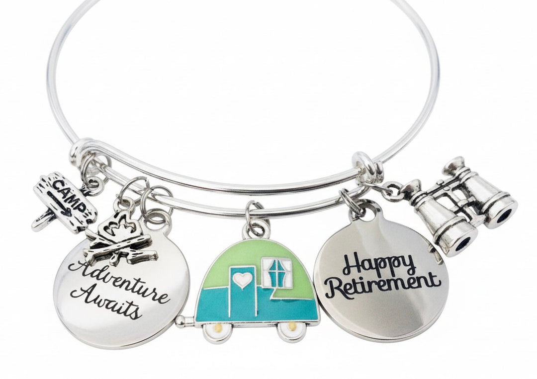 Happy Retirement Bracelet with Camper Charm, Adventure Awaits Expandable Bangle, RV Camping Retirement Gift for Women