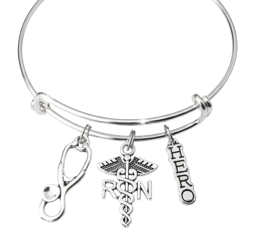RN Nurse Bracelet with Stethoscope and Caduceus Charms, Adjustable Silver Bangle Gift for Nurses
