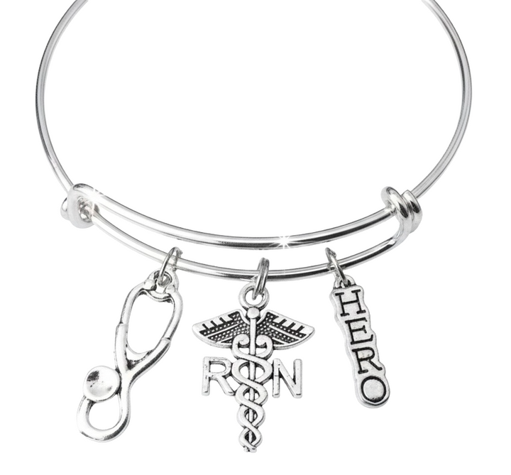 RN Nurse Bracelet with Stethoscope and Caduceus Charms, Adjustable Silver Bangle Gift for Nurses