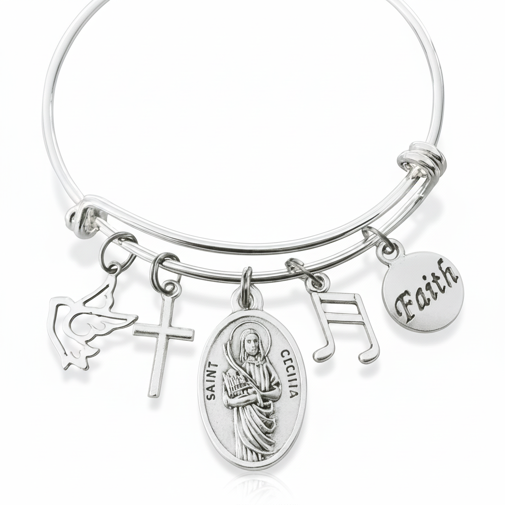 Saint Cecilia Bangle Bracelet – Silver Patron Saint of Music • Faith, Angel & Cross Charm Bracelet