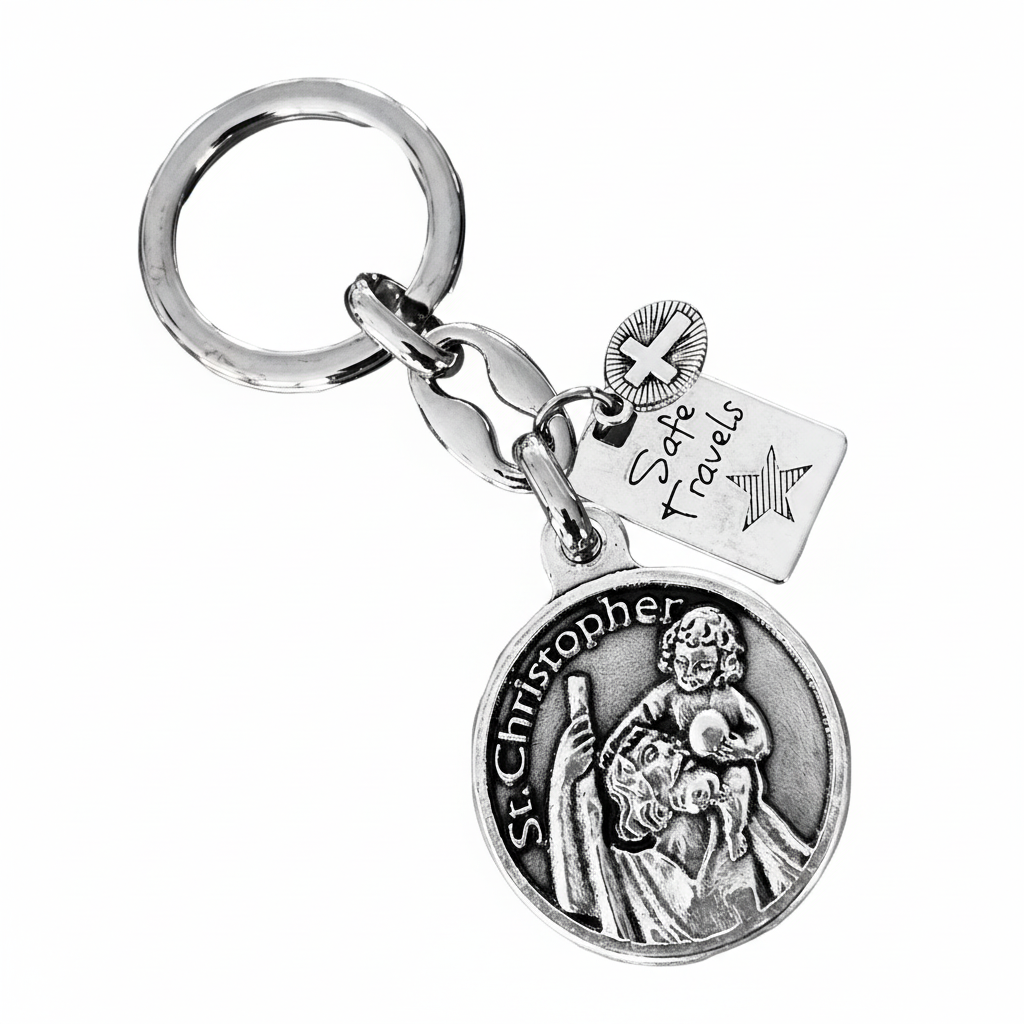 Saint Christopher Key Chain - Silver Travelers Medal Keyring | Catholic Protection Gift