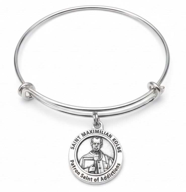 Saint Maximilian Kolbe Bracelet Silver Expandable Bangle Patron Saint of Addictions Recovery Gift Religious Jewelry
