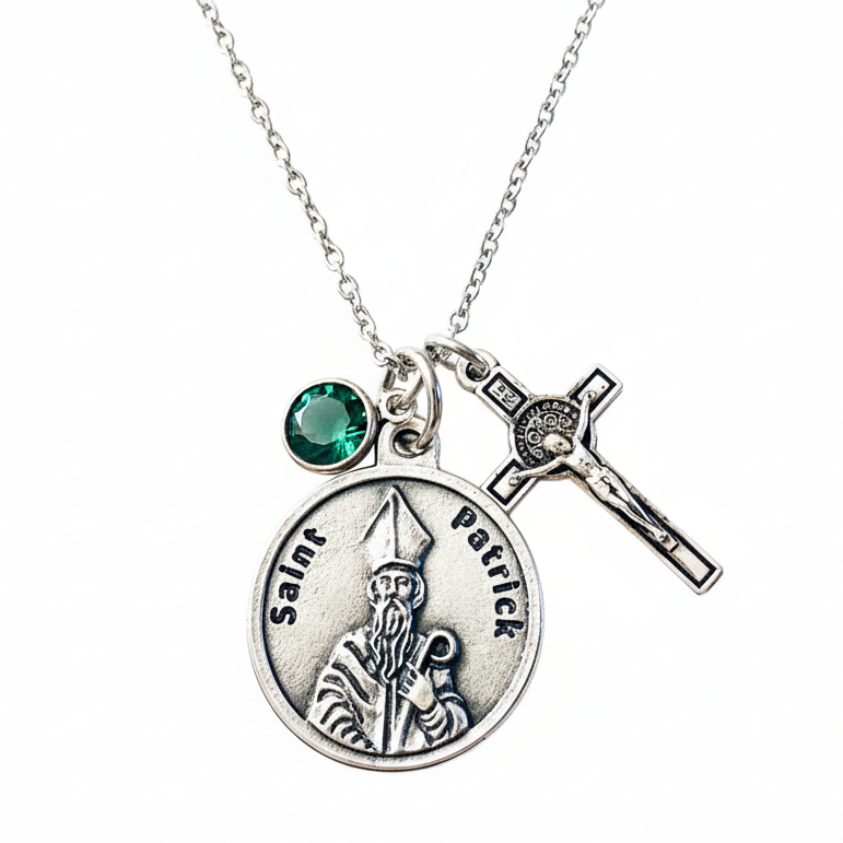 Saint Patrick Charm Bracelet Silver Plated Personalized Jewelry with Initial and Birthstone Green Shamrock Lucky Clover Patron Saint Medal One Size Fits All Religious Gift for Women Irish Heritage