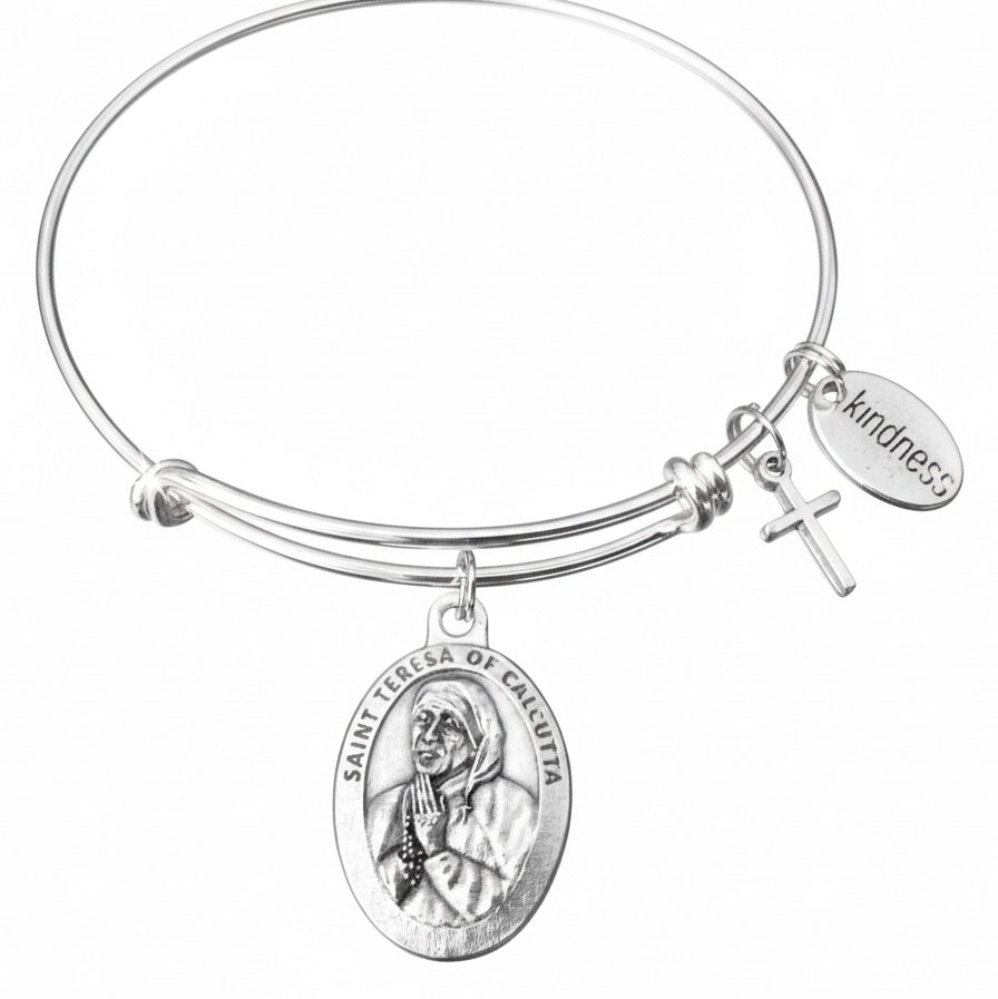 Saint Teresa of Calcutta Bracelet Silver Expandable Charm Bangle Cross Kindness Religious Jewelry