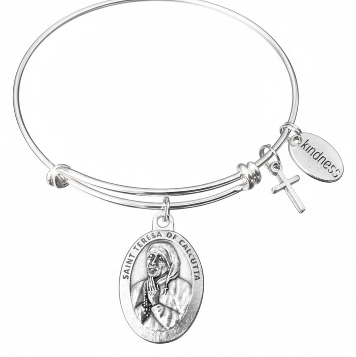 Saint Teresa of Calcutta Bracelet Silver Expandable Charm Bangle Cross Kindness Religious Jewelry