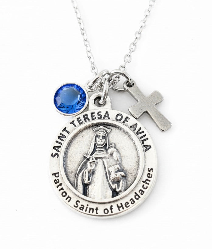 Saint Teresa of Avila Necklace Cross Birthstone Silver Catholic Medal Prayer Patron Saint of Headaches