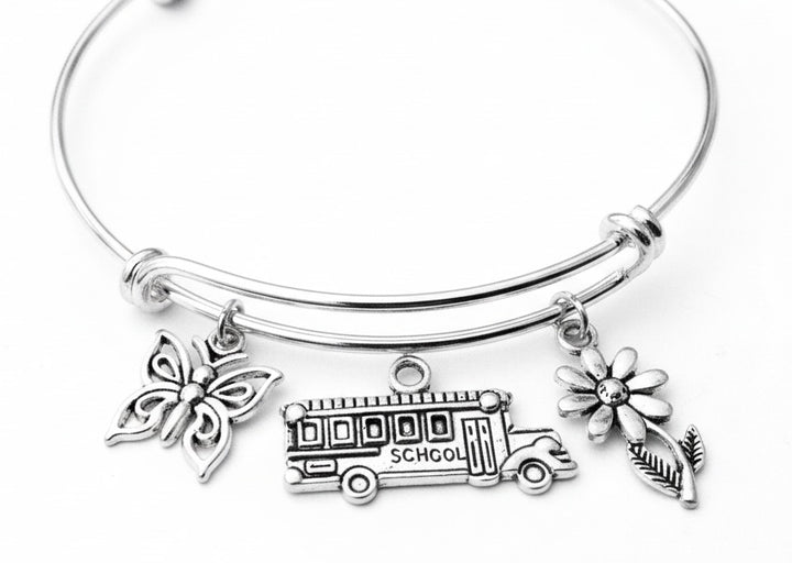 School Bus Charm Bracelet – Adjustable Silver Bangle with School Bus, Butterfly, and Flower Charms – Teacher or Bus Driver Gift