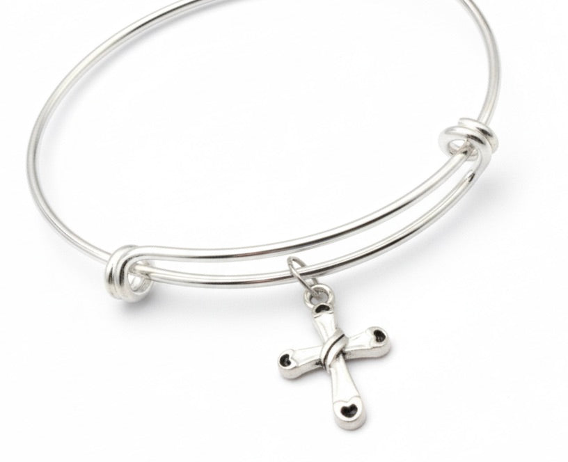 Silver Cross Bangle Bracelet Expandable Adjustable Charm Religious Jewelry Gift