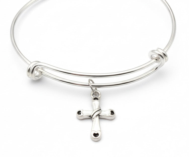 Silver Cross Bangle Bracelet Expandable Adjustable Charm Religious Jewelry Gift