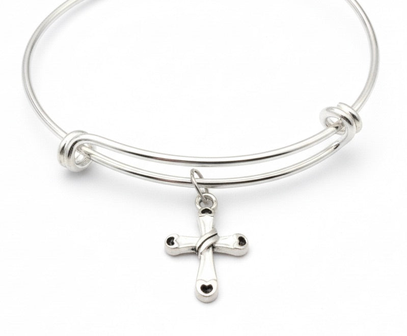 Silver Cross Bangle Bracelet Expandable Adjustable Charm Religious Jewelry Gift