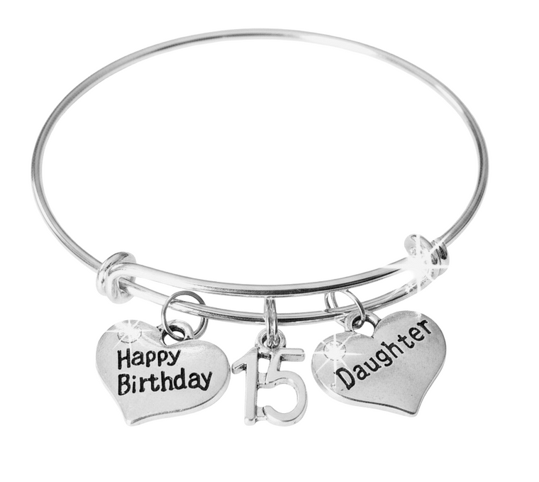 15th Birthday Bracelet for Daughter, Adjustable Silver Charm Bangle, Happy Birthday Gift for 15 Year Old Girl