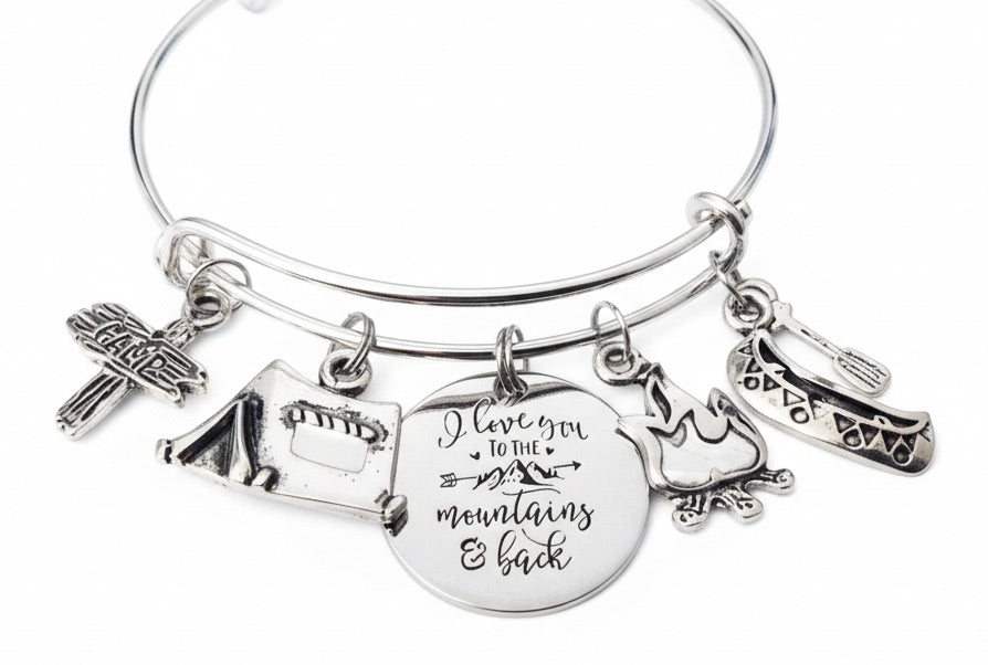 I Love You to the Mountains and Back Charm Bangle - Silver Expandable Bracelet with Camper &amp; Canoe Charms