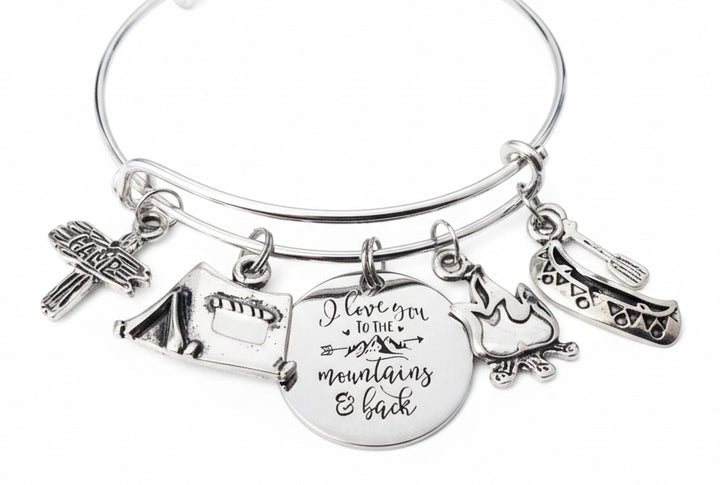 I Love You to the Mountains and Back Charm Bangle - Silver Expandable Bracelet with Camper &amp; Canoe Charms