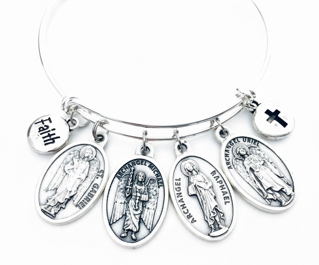 Four Archangels Charm Bracelet, Gabriel Michael Raphael Uriel Expandable Bangle, Catholic Religious Jewelry Gift