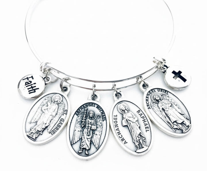 Four Archangels Charm Bracelet, Gabriel Michael Raphael Uriel Expandable Bangle, Catholic Religious Jewelry Gift