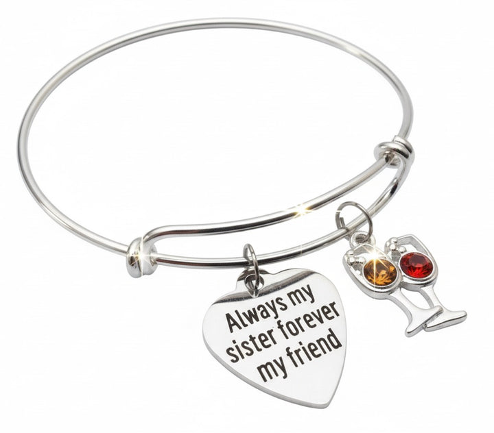 Sister Bracelet Always My Sister Forever My Friend, Silver Expandable Bangle with Birthstone Wine Glasses, Sister Gift